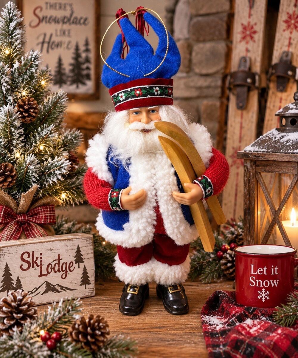 Nordic Scandinavian Style Santa Claus Figure w Wooden Skis Christmas 11”